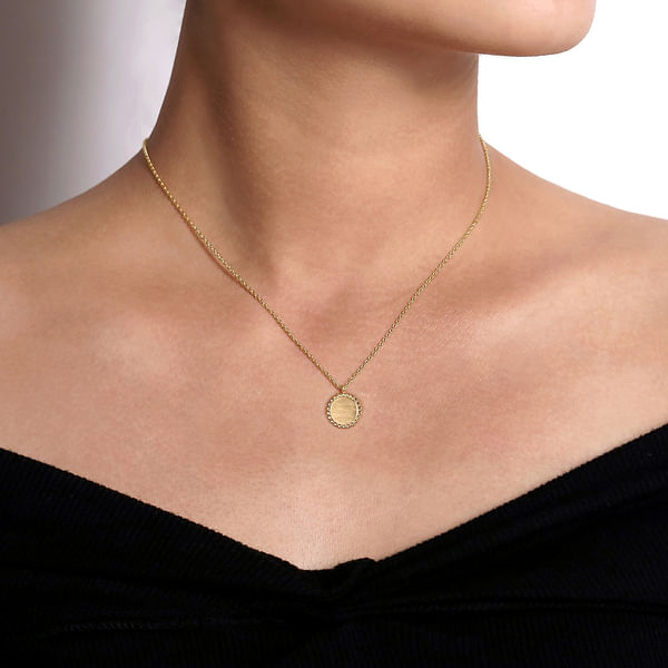 14K Yellow Gold Beaded Disk Pendant Necklace