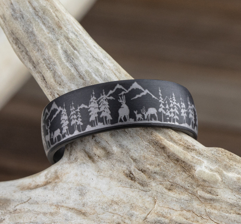Dark Gray Tantalum Hunting Themed Comfort Fit 8mm Wedding Band