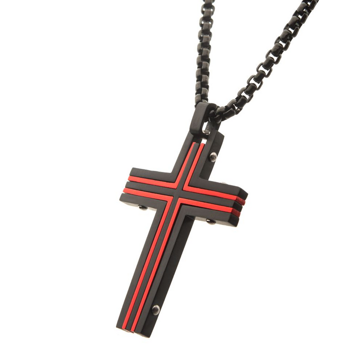 Black & Red IP  Cross Pendant with Round Box Chain 24"