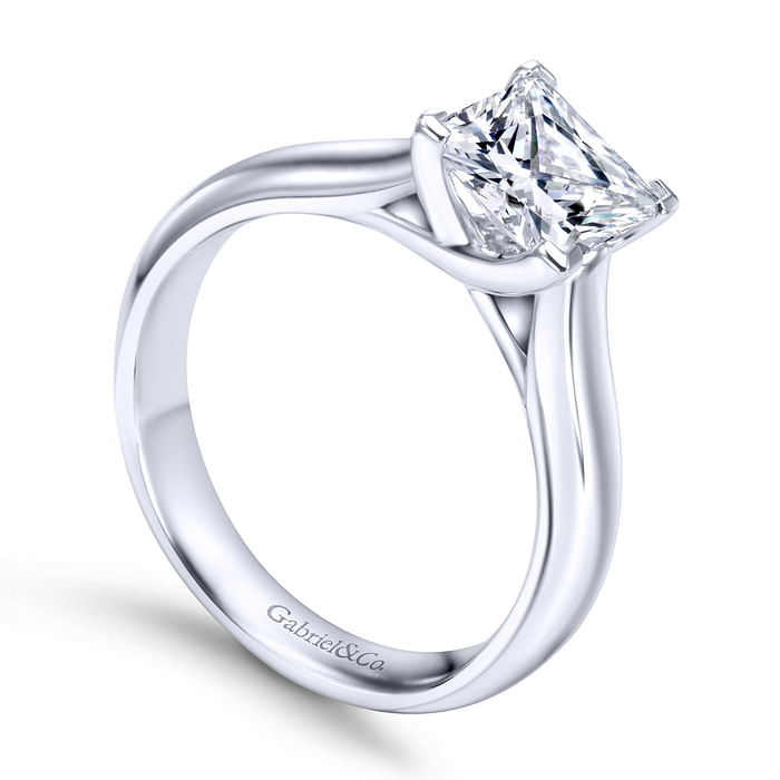 14K White Solitaire Wide Band Princess Diamond Semi-Mount Ring