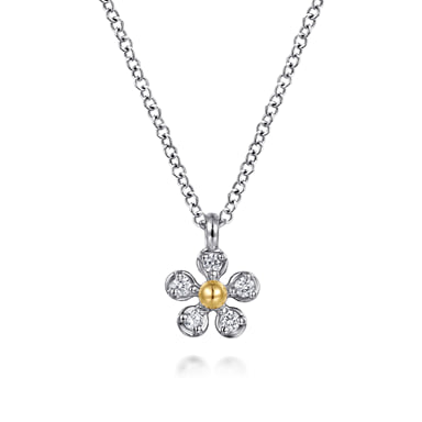 14K Yellow Gold and Sterling Silver Diamond Flower Necklace (0.08 ctw)