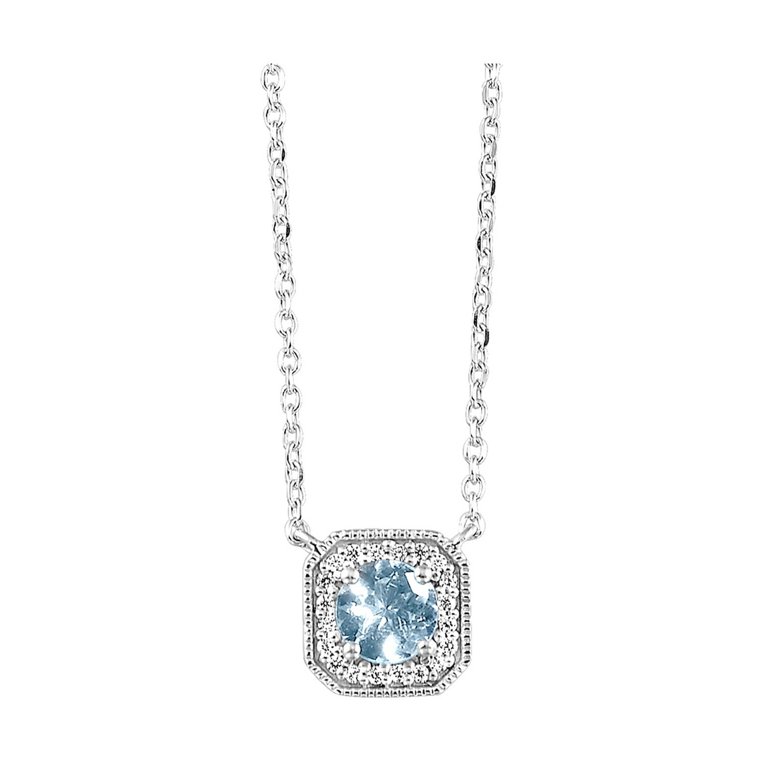 10K White Gold Round Aquamarine & Diamond Halo Pendant (3/8 ctw Aquamarine)