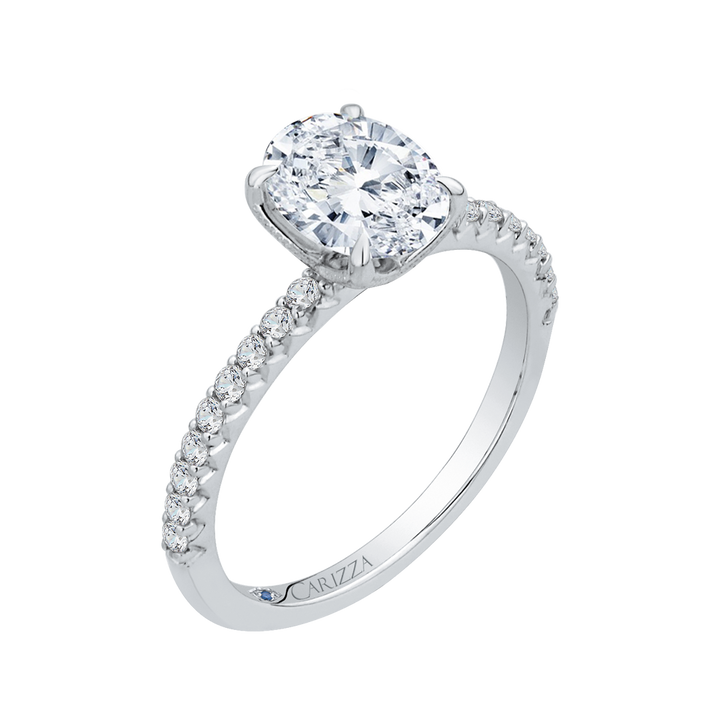 14K White Gold Straight Accented Oval Diamond Semi-Mount Ring .28CTW.