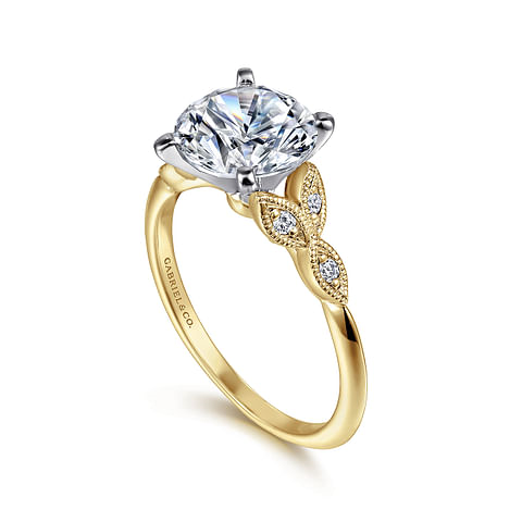 14K Yellow Gold Floral Round Diamond Semi-Mount Ring .07CTW.