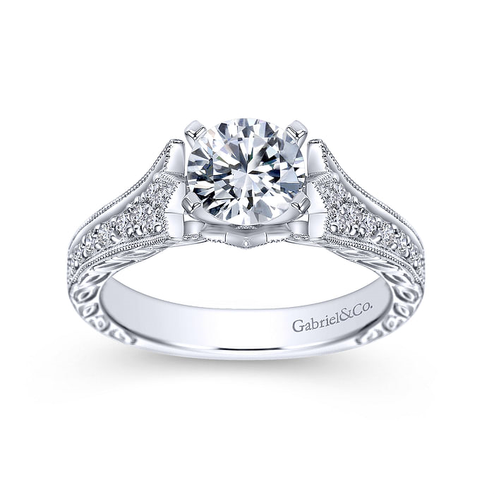 14K White Vintage Round Diamond Semi-Mount Ring .27CTW.