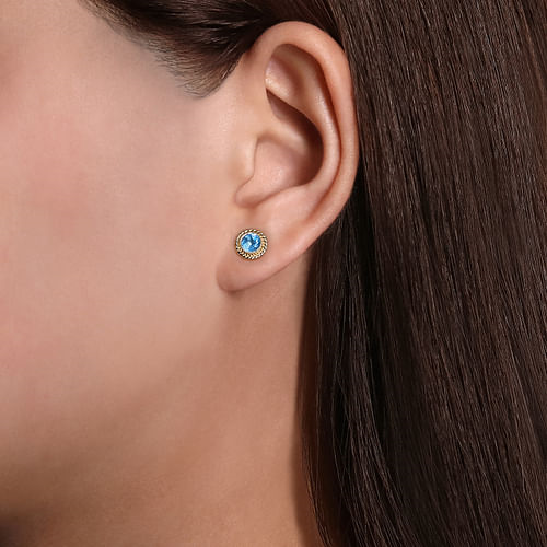 14K Yellow Gold Natural Blue Topaz Twisted Fashion Stud Earrings