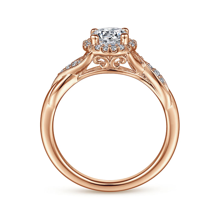 14K Rose Gold Twist Halo Round Diamond Semi-Mount Ring 0.17CTW.