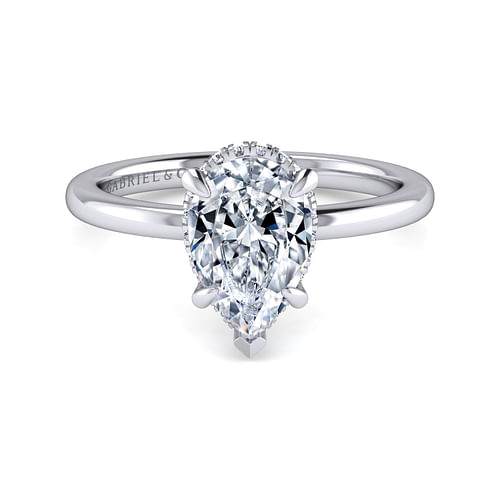 14K White Gold Solitaire Hidden Halo Pear Diamond Semi-Mount Ring .13CTW.