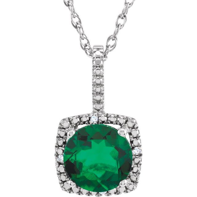 Sterling Silver Lab Grown Emerald Halo Pendant Necklace