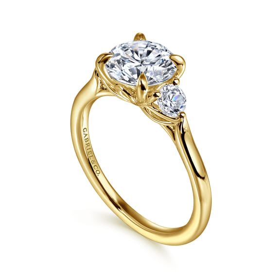 14K Yellow Gold Round Three Stone Lotus Diamond Engagement Ring