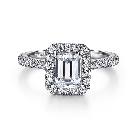 14K White Gold Halo Accented Emerald Diamond Semi-Mount Ring .63CTW.