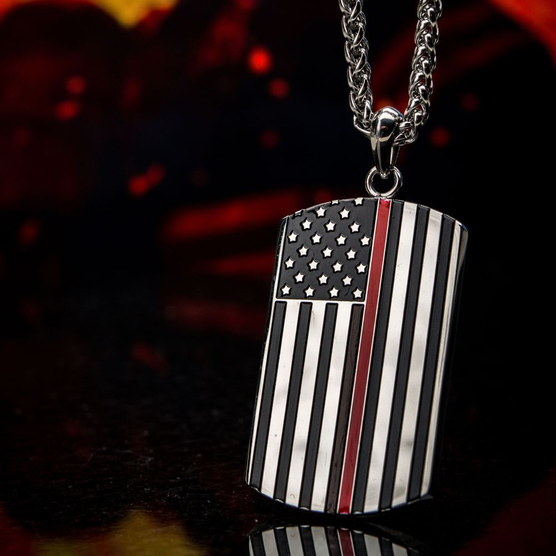 Thin Red Line Firefighter Dog Tag Necklace (24")