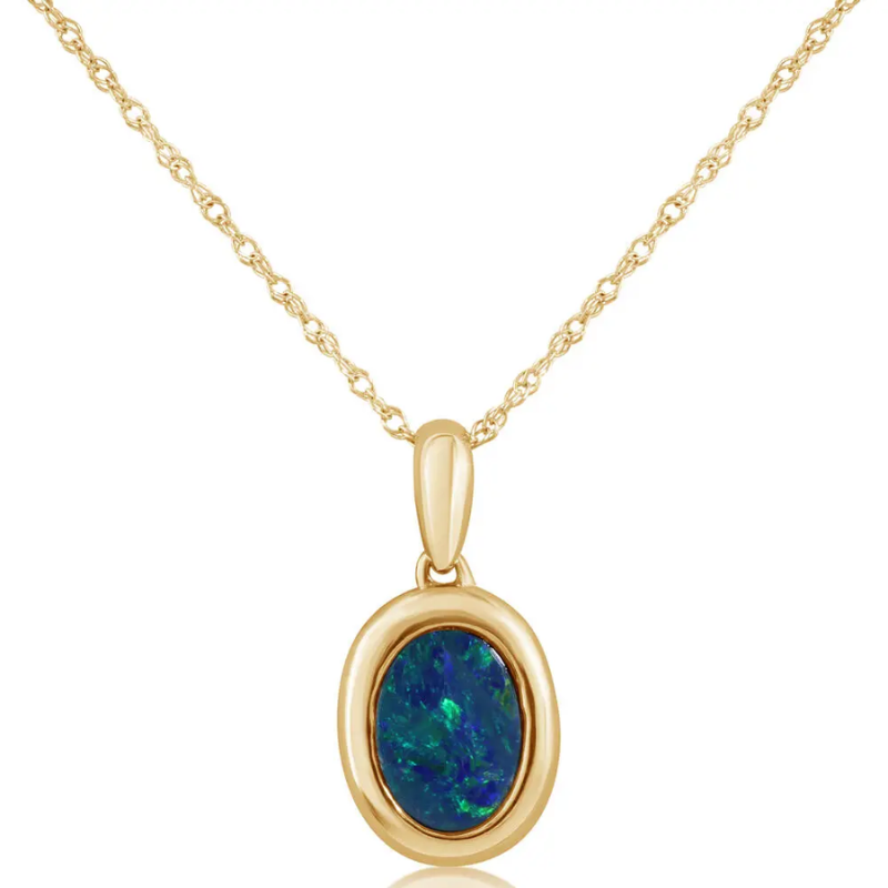14K Yellow Gold 5x7 mm Oval Australian Opal Doublet Pendant (0.60 ctw)