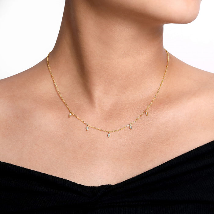 14K Yellow Gold 0.05CTW. Natural Diamond Princess Station Necklace