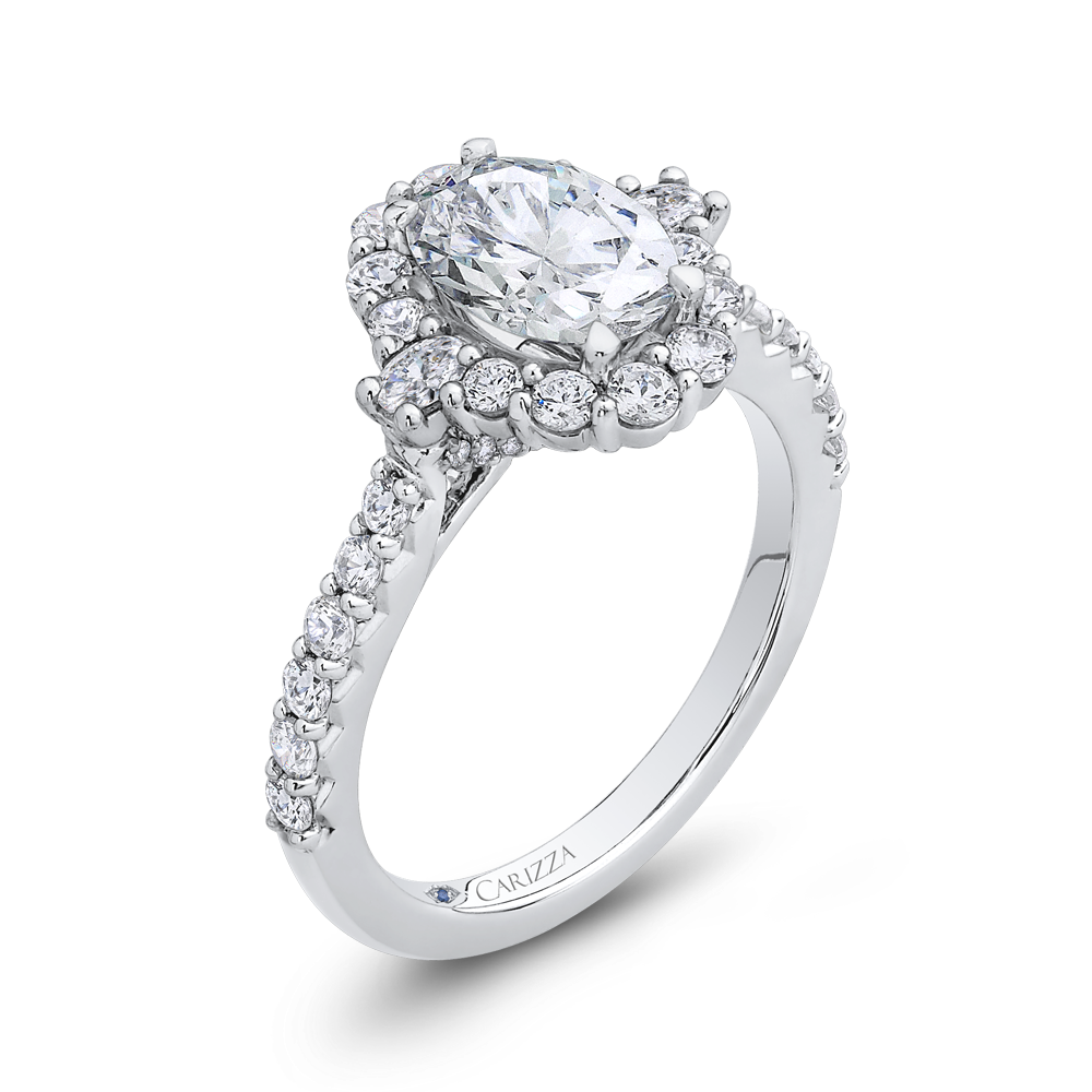 14K White Gold Halo Accented Oval Diamond Semi-Mount Ring .85CTW.