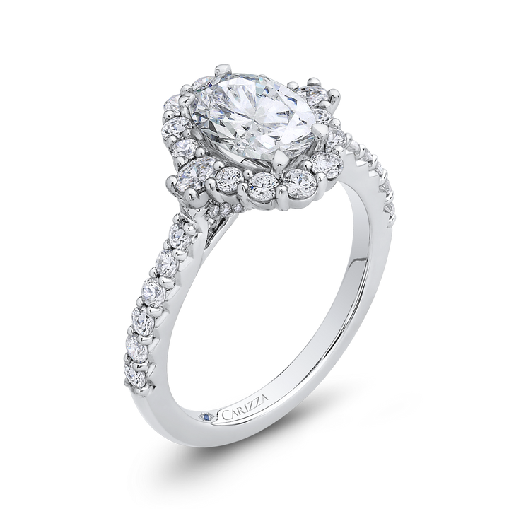 14K White Gold Halo Accented Oval Diamond Semi-Mount Ring .85CTW.