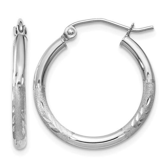 14K White Gold Satin & Diamond-Cut Hoop Earrings 2 x 20mm