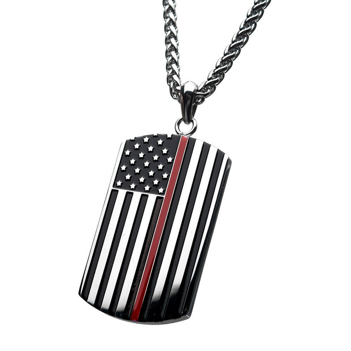 Thin Red Line Firefighter Dog Tag Necklace (24")