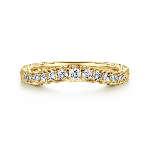 Vintage Inspired Curved 14K Yellow Gold Micro Pave Diamond Anniversary Band