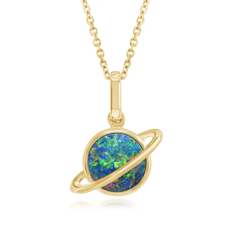 14K Yellow Gold 8 mm Australian Opal Doublet Saturn Pendant (1.65 ctw)