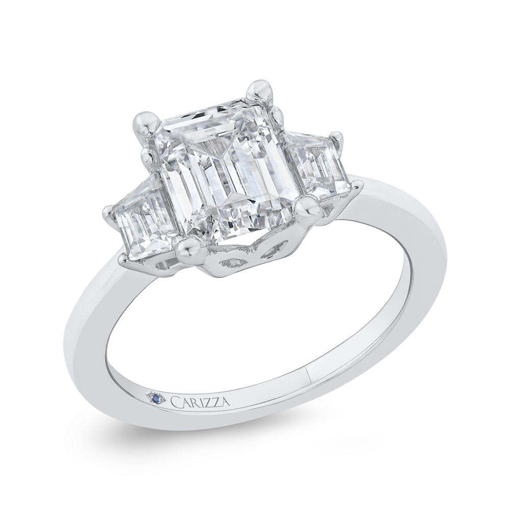 14K White Gold 3 Stone Emerald Diamond Semi-Mount Ring .25CTW.