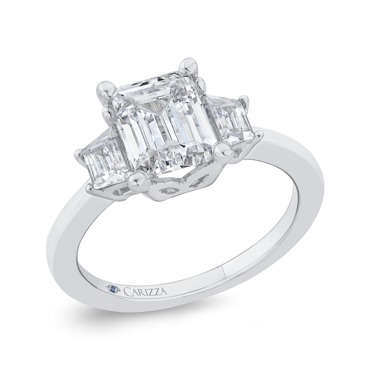 14K White Gold 3 Stone Emerald Diamond Semi-Mount Ring .25CTW.
