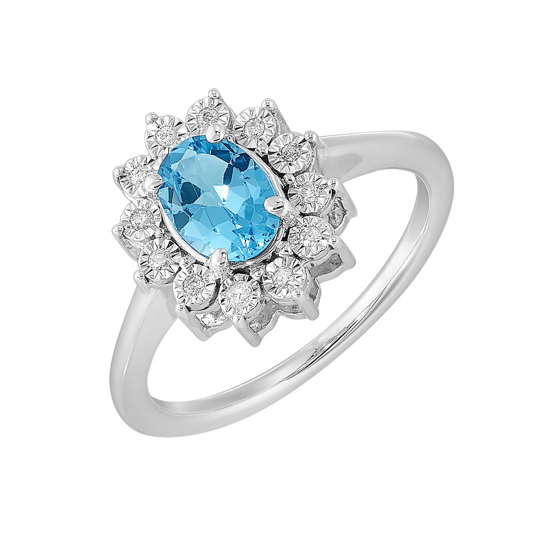 Sterling Silver Oval Blue Topaz and Diamond Halo Ring (1 ctw.)