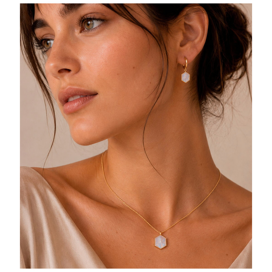 Rainbow Moonstone Hexagon Pendant in Sterling Silver with 18k Gold Vermeil