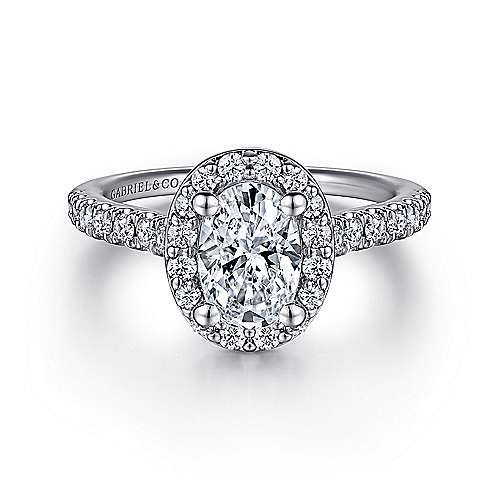14K White Gold Halo Accented Oval Diamond Semi-Mount Ring 0.53CTW.