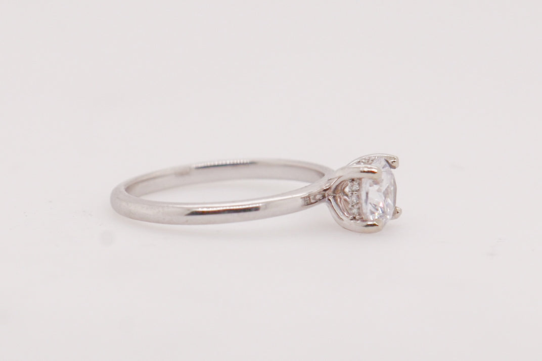 14K White Gold Solitaire Hidden Halo Round Diamond Semi-Mount Ring 0.04CTW.