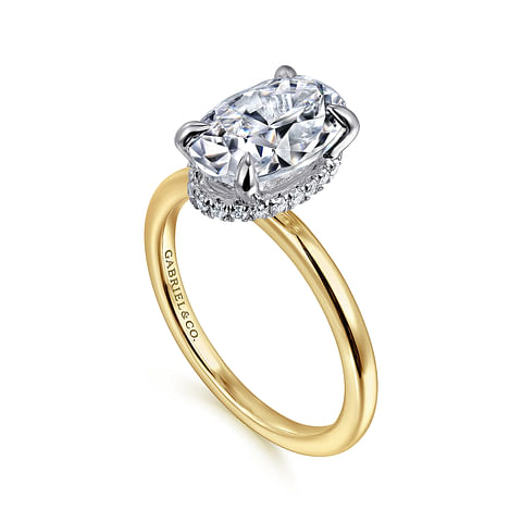 14K Yellow Gold Solitaire Hidden Halo Oval Diamond Semi-Mount Ring CTW.