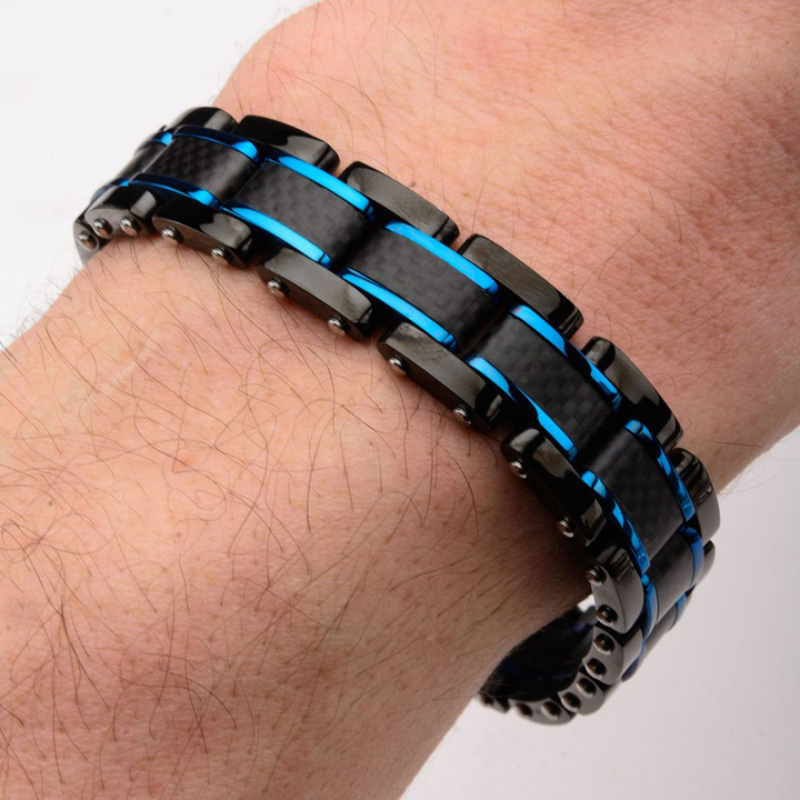 Black & Blue Carbon Fiber Link Bracelet (14mm)