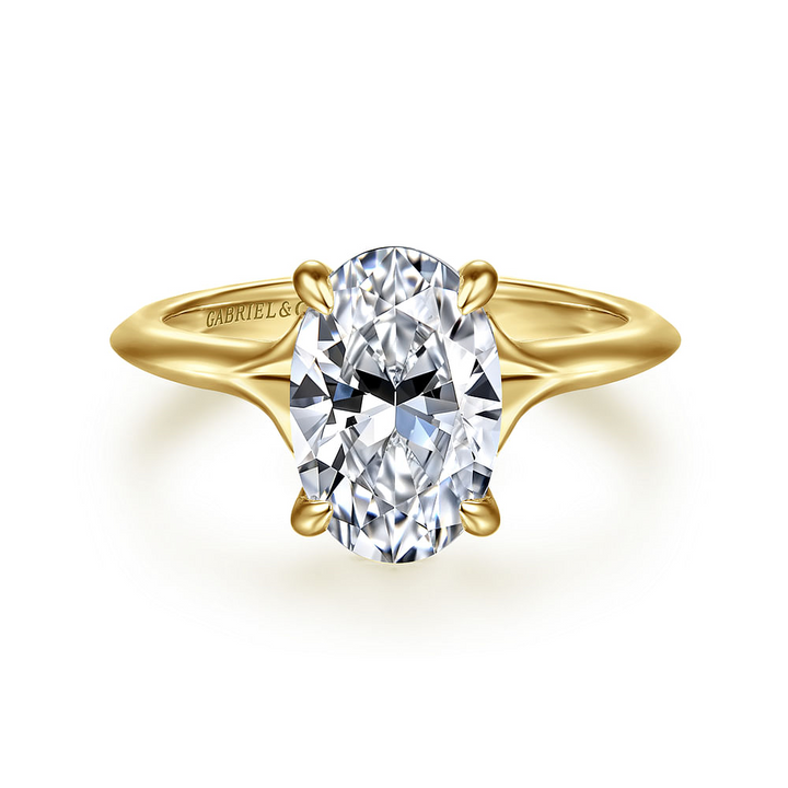 14K Yellow Gold Solitaire Hidden Halo Oval Diamond Semi-Mount Ring 0.07CTW.