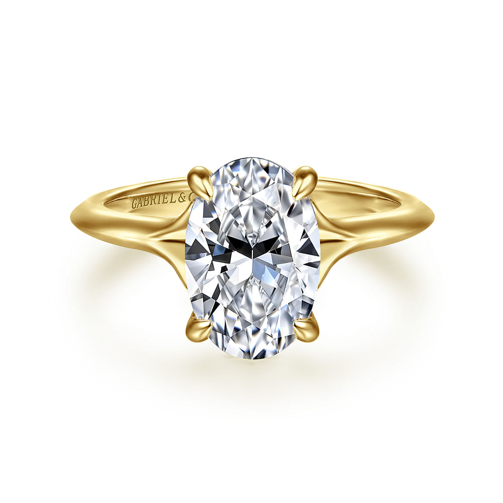 14K Yellow Gold Solitaire Hidden Halo Oval Diamond Semi-Mount Ring 0.07CTW.