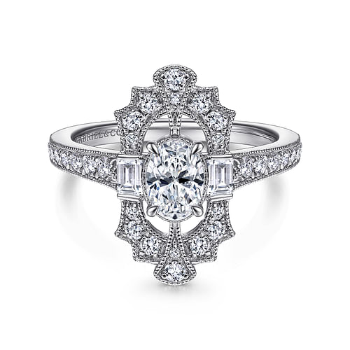 14K White Gold Vintage Oval Diamond Semi-Mount Ring .51CTW.