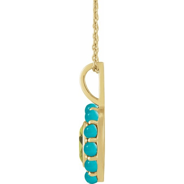 14K Yellow Gold Natural Peridot and Turqoiuse Halo Pendant Necklace