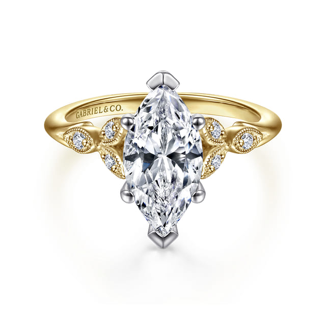 14K Two Tone Marquise Victorian Style Engagement Ring Setting