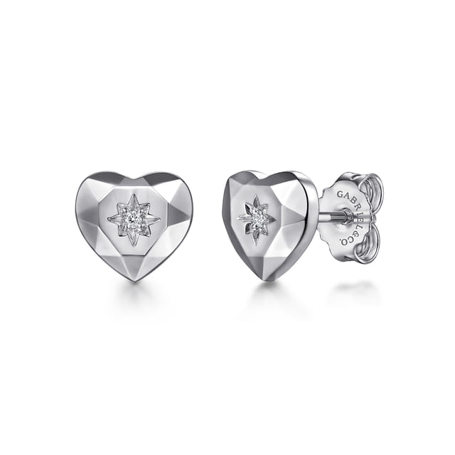 Sterling Silver Heart Diamond Cut Stud Earrings