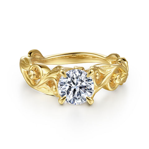 14K Yellow Gold Floral Scroll Round Diamond Semi-Mount Ring