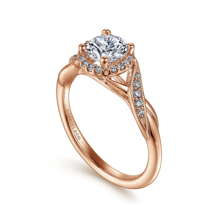 14K Rose Gold Twist Halo Round Diamond Semi-Mount Ring 0.17CTW.
