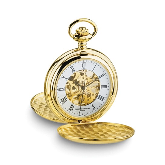 14k Gold-finish Gold Plated Skeleton Dial Pocket Watch