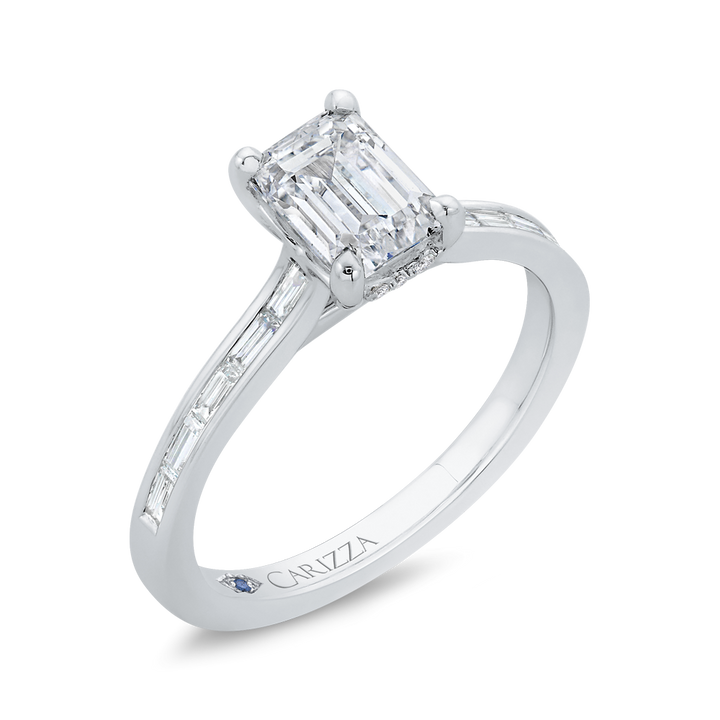 14K White Gold Straight Accented Emerald Diamond Semi-Mount Ring .28CTW.