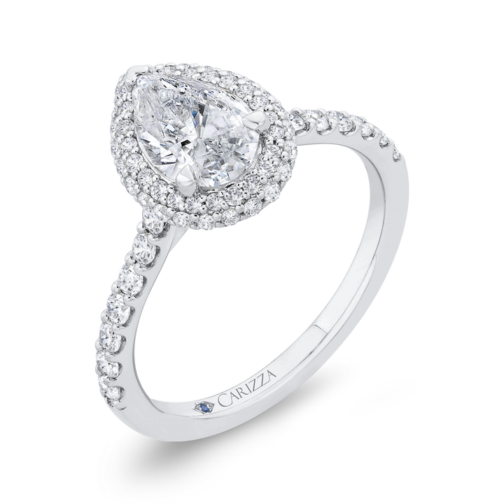 14K White Gold Accented Halo Pear Diamond Semi-Mount Ring .55CTW.