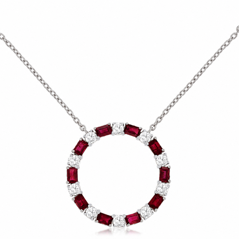 14K White Gold Natural Ruby Circle Pendant Necklace