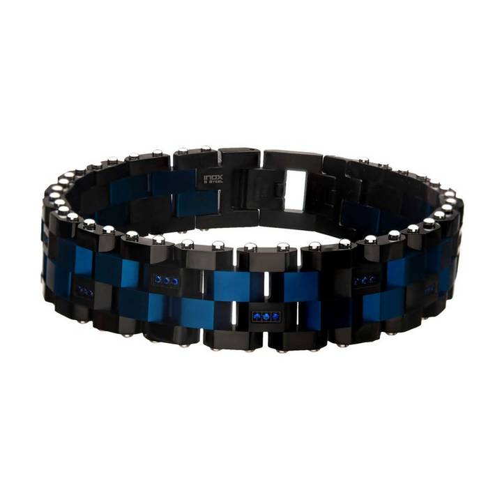 Men's Blue & Black Stainless Steel CZ Link Bracelet