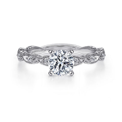 14K White Gold Vintage Round Diamond Semi-Mount Ring .12CTW.