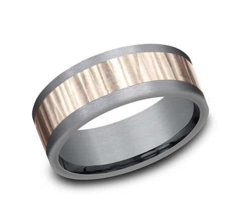 14K Rose Gold and Tantalum Hammer Comfort Fit 8mm Wedding Band
