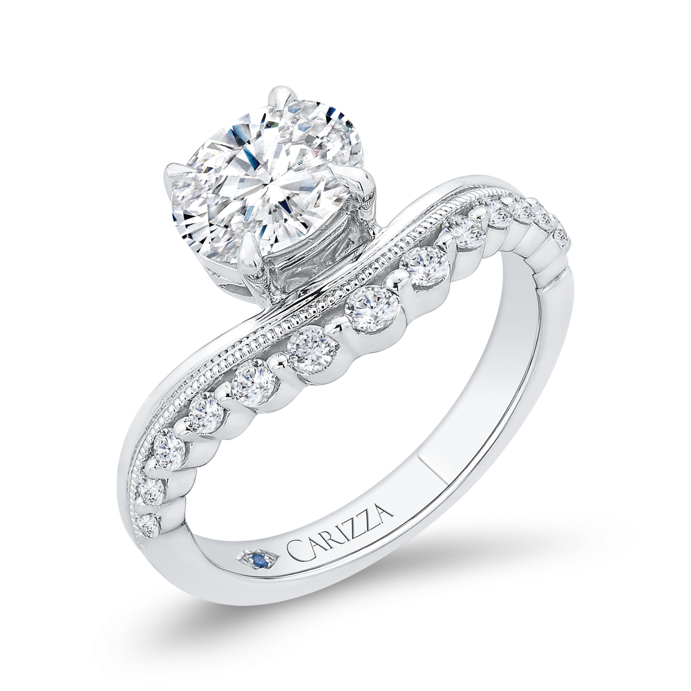 14K White Gold Twist Accented Oval Diamond Semi-Mount Ring .27CTW.