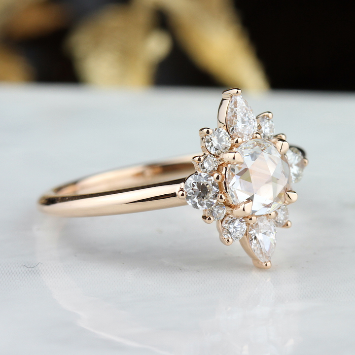 18K Yellow Gold Starburst Halo Round Diamond Semi-Mount Ring 0.43CTW.