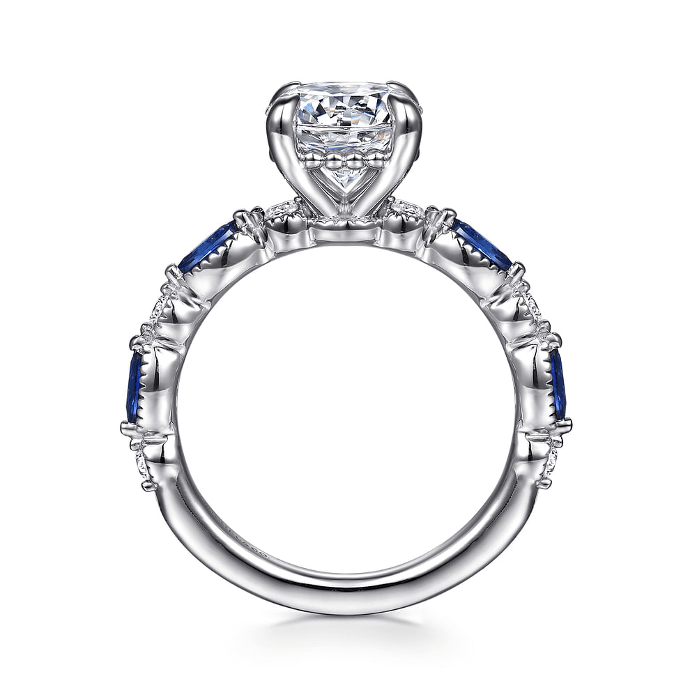 14K White Gold Accented Vintage Round Diamond and Sapphire Semi-Mount Ring 0.15CTW.